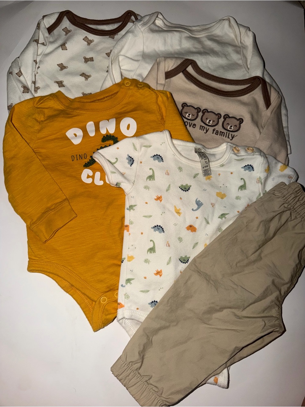 Baby Boy 6-9M Bundle Dino Club Bears 5 Onesies Wonder Nation Pants 6Pc